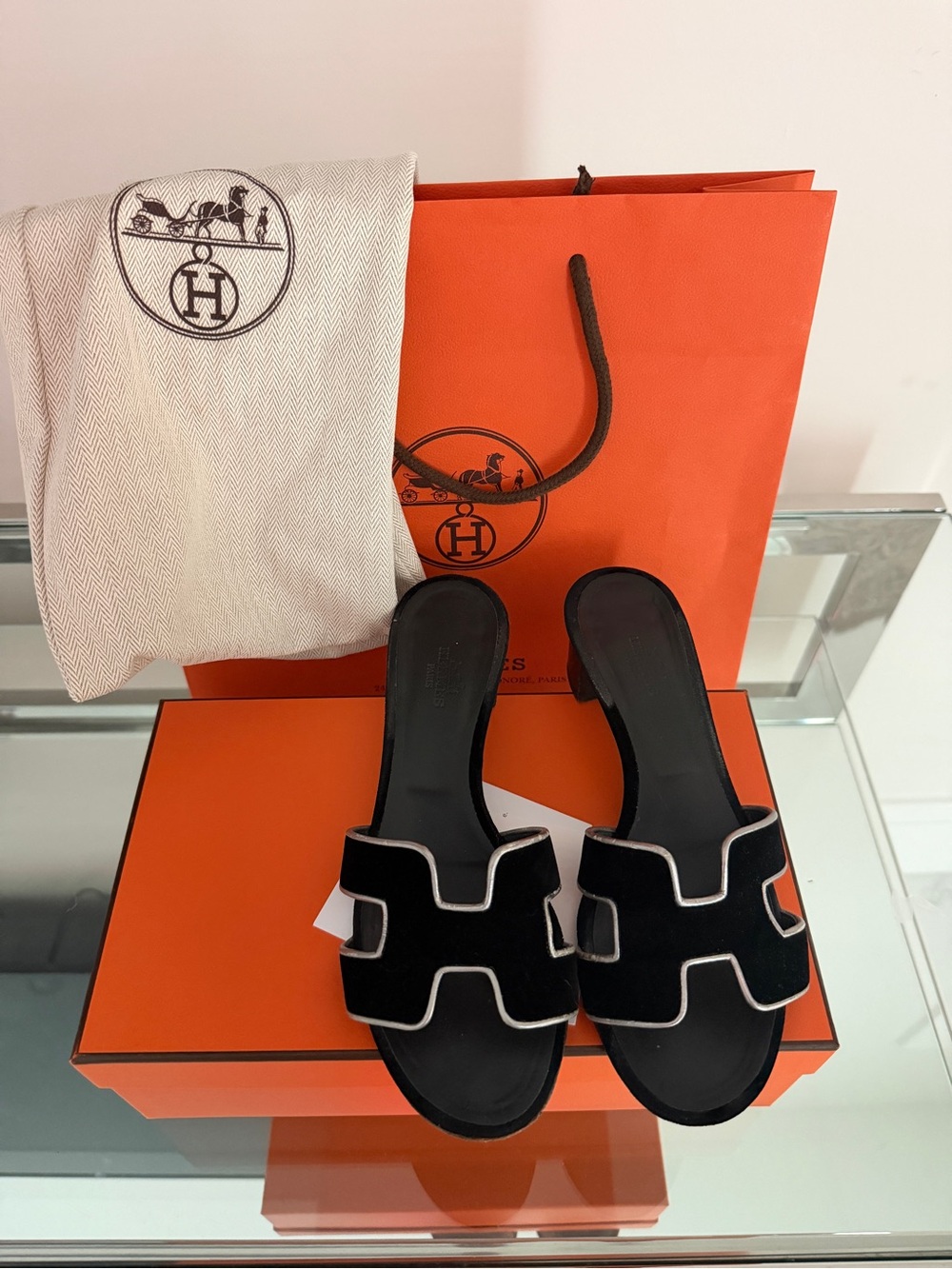 Hermes Black Velvet Oran Slide Sandals with silver  Trim